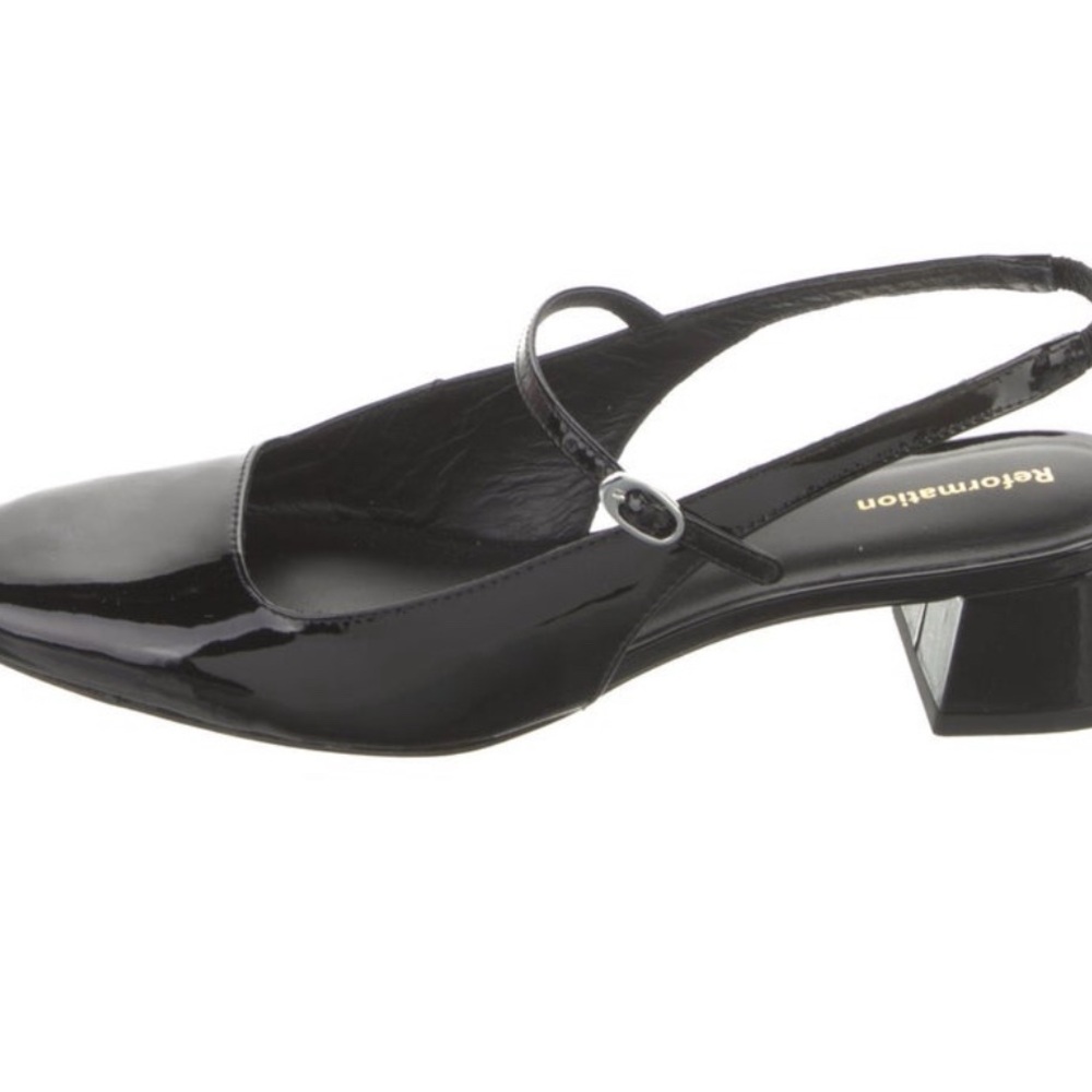 Reformation Black Patent Slingback Block Heel Pumps
